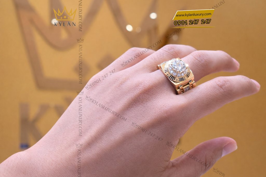 Nhẫn Rolex vàng vàng nguyên khối Au750 đính viên chủ 9ly4