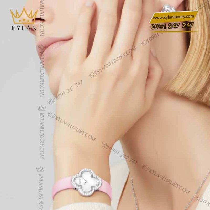 Bông tai cỏ bốn lá vàng trắng nguyên khối Au750 đính kim cương