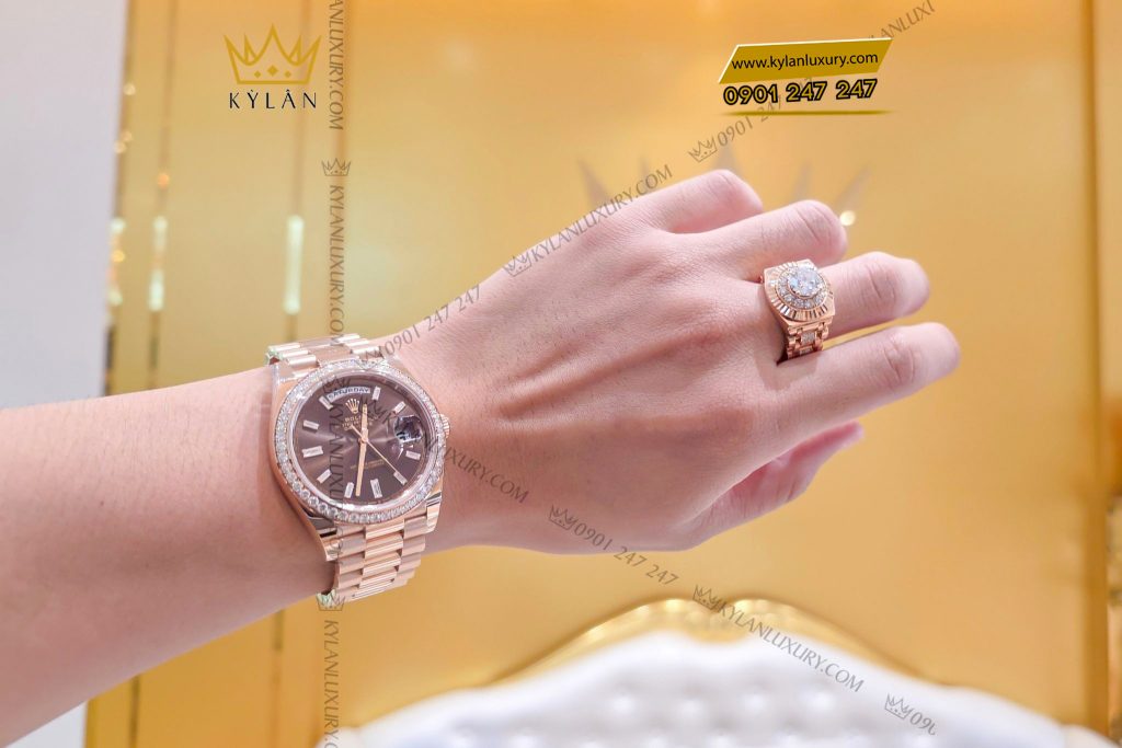Kỳ Lân Luxury dong ho rolex day date 40 228345 mat chocolate 11 Đồng hồ Rolex Day Date 40 mặt số Chocolate vành kim cương 228345RBR-0006
