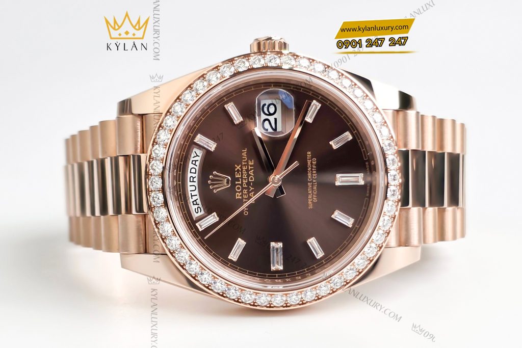 Kỳ Lân Luxury dong ho rolex day date 40 228345 mat chocolate 2 Đồng hồ Rolex Day Date 40 mặt số Chocolate vành kim cương 228345RBR-0006