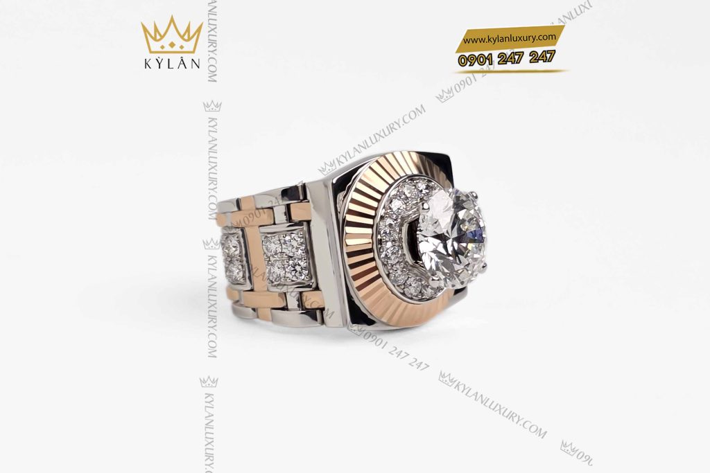 Kỳ Lân Luxury nhan rolex demi vang au750 dinh vien chu 11ly 8 Nhẫn Rolex demi vàng nguyên khối Au750 đính viên chủ 11ly