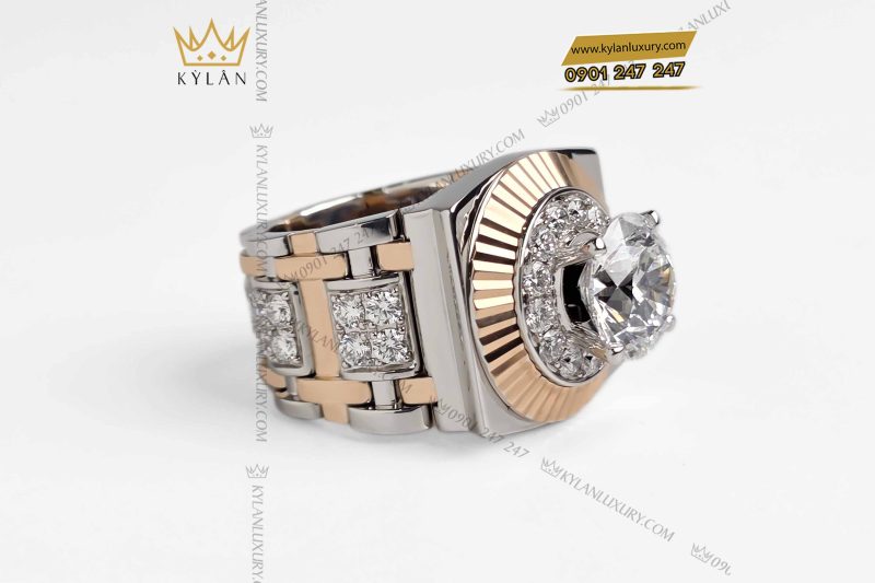Nhẫn Rolex demi vàng hồng nguyên khối Au750 đính viên chủ 10ly4