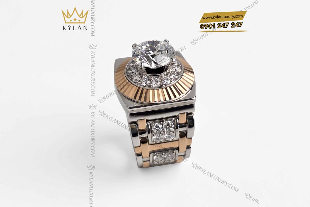 Kỳ Lân Luxury nhan rolex demi vang hong au750 vien chu 10ly4 2 Nhẫn Rolex demi vàng hồng nguyên khối Au750 đính viên chủ 10ly4
