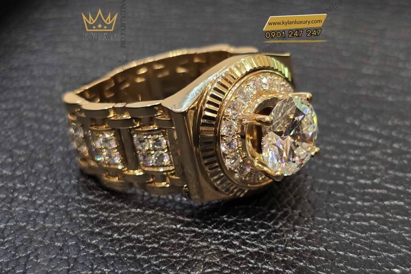Nhẫn Rolex vàng vàng nguyên khối Au750 đính viên chủ 9ly4