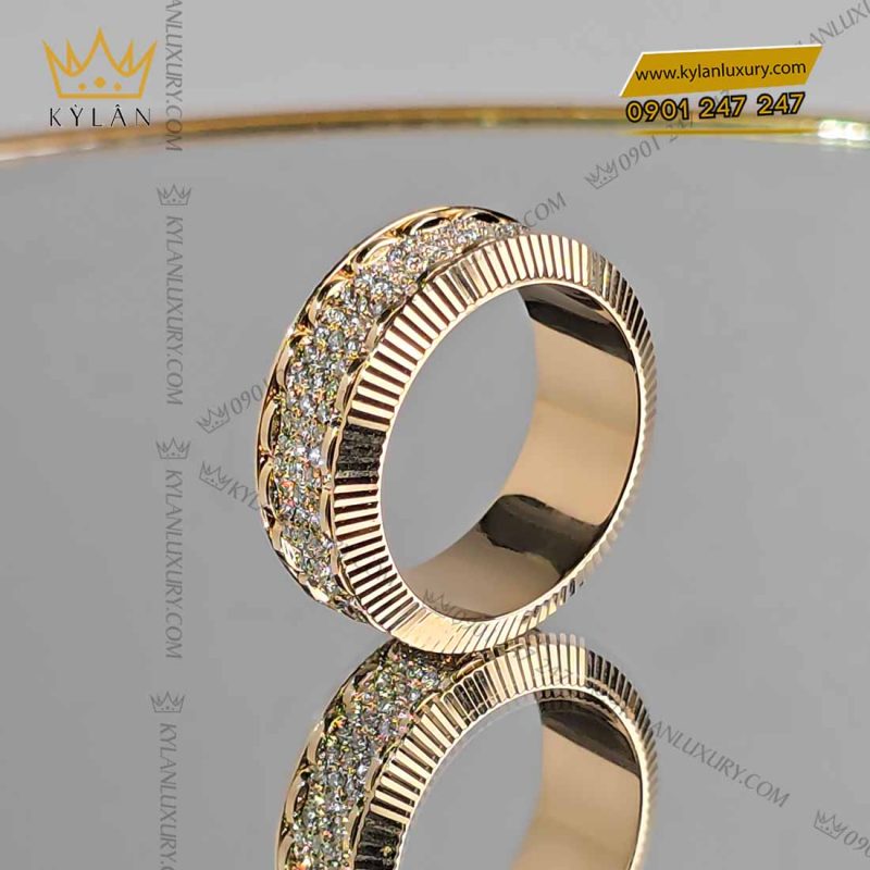 Nhẫn Rolex xoay vàng nguyên khối Au750 đính 3 hàng kim cương