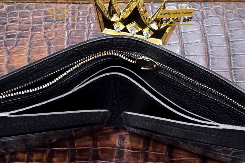Ví nam da cá Alligator đính logo DT vàng nguyên khối Au750