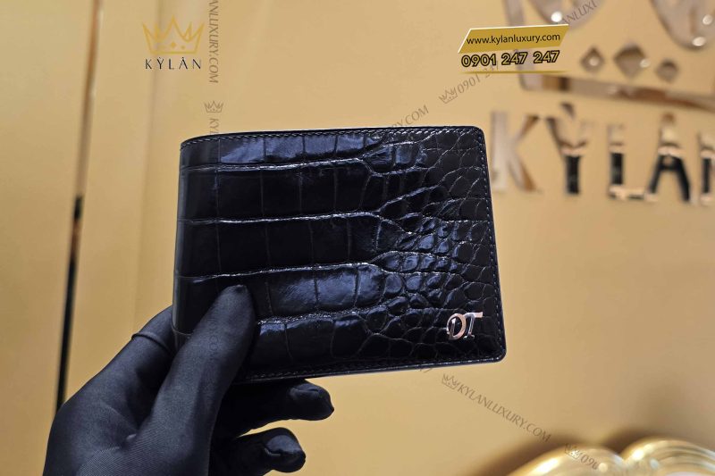 Ví nam da cá Alligator đính logo DT vàng nguyên khối Au750