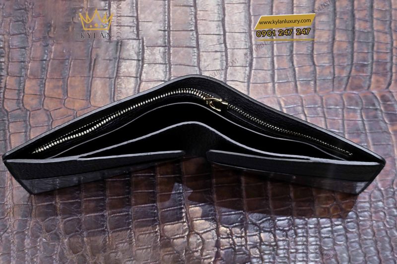 Ví nam da cá Alligator đính logo DT vàng nguyên khối Au750