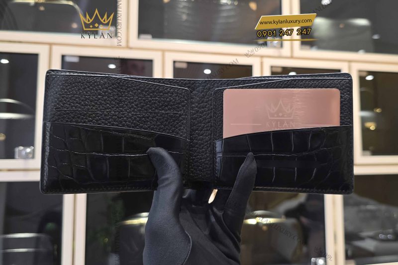 Ví nam da cá Alligator đính logo DT vàng nguyên khối Au750