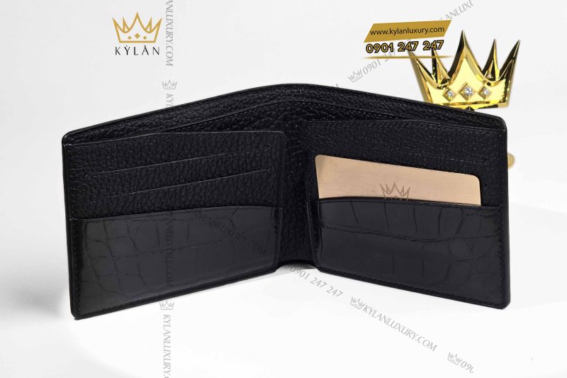 Ví nam da cá Alligator đính logo DT vàng nguyên khối Au750