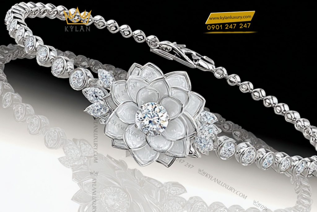 Kỳ Lân Luxury Lac tay nu vang trang nguyen khoi Au750 dinh kim cuong 3 Lắc tay nữ vàng trắng nguyên khối Au750 đính kim cương