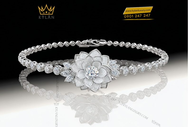 Lắc tay nữ vàng trắng nguyên khối Au750 đính kim cương