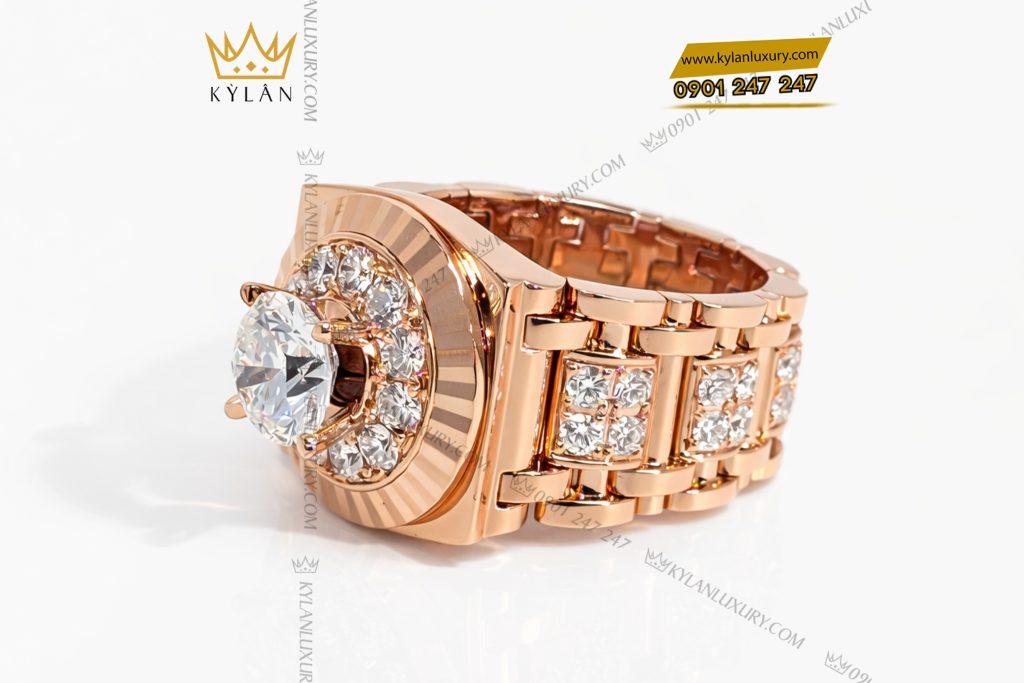 Kỳ Lân Luxury Nhan Rolex vang hong khoi Au750 dinh vien chu 8ly1 2 Nhẫn Rolex vàng hồng khối Au750 đính viên chủ 8ly1