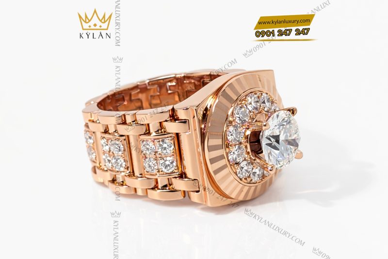 Nhẫn Rolex vàng hồng khối Au750 đính viên chủ 8ly1