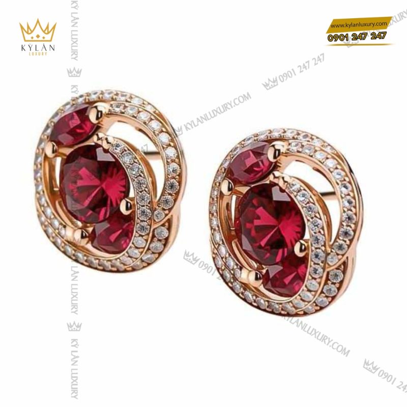 Bông Tai Opulent Garnet vàng nguyên khối Au750 đính đá quý đỏ