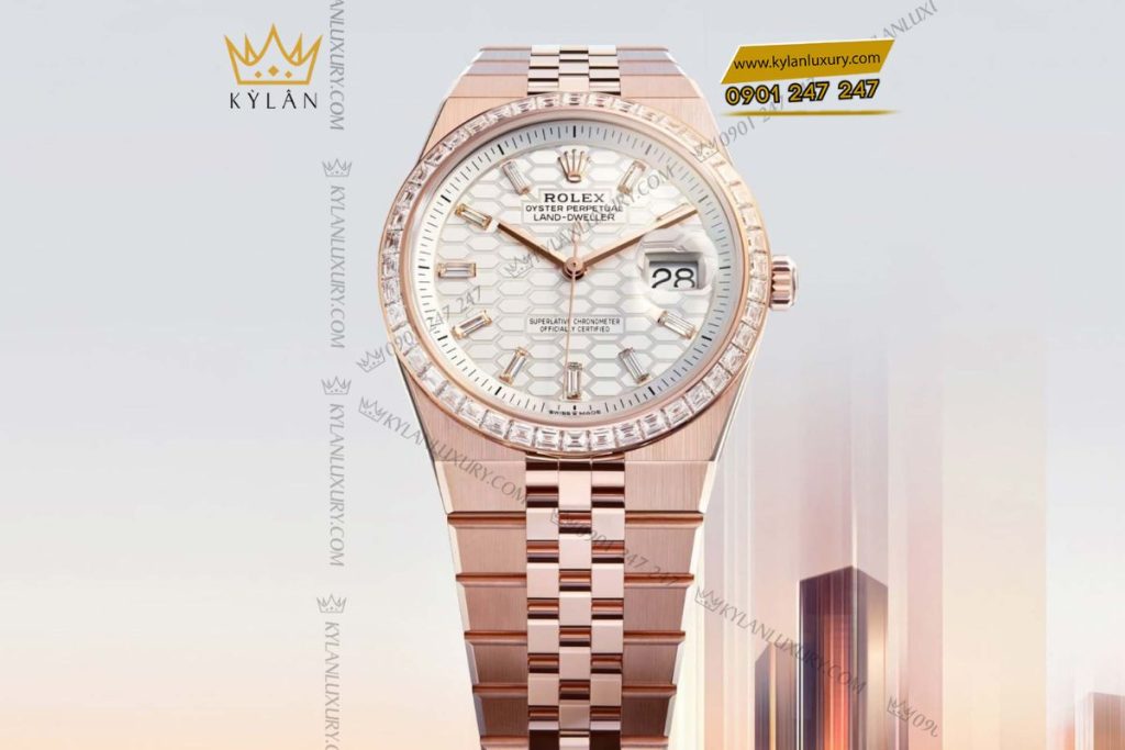 Kỳ Lân Luxury dong do rolex land dweller 36 m127285tbr 3 Đồng hồ Rolex Land-Dweller 36 M127285TBR-0002 Vàng Everose 18ct mặt trắng họa tiết tổ ong