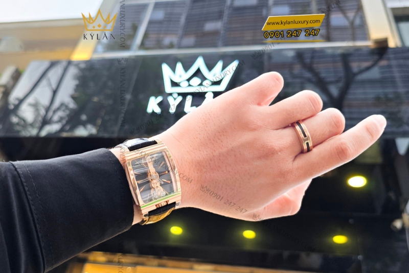 Đồng hồ Corum Golden Bridge vàng hồng mặt số đen lộ cơ