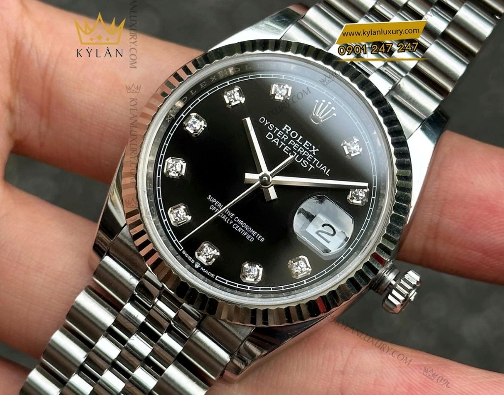 Kỳ Lân Luxury dong ho rolex datejust 36 m126234 0027 6 Đồng hồ Rolex Datejust 36mm M126234-0027 mặt số đen nạm kim cương