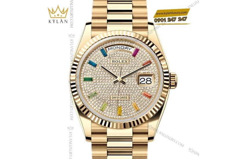 Đồng hồ Rolex Day-Date 36 128238-0051 mặt số đính kim cương và sapphire cầu vồng