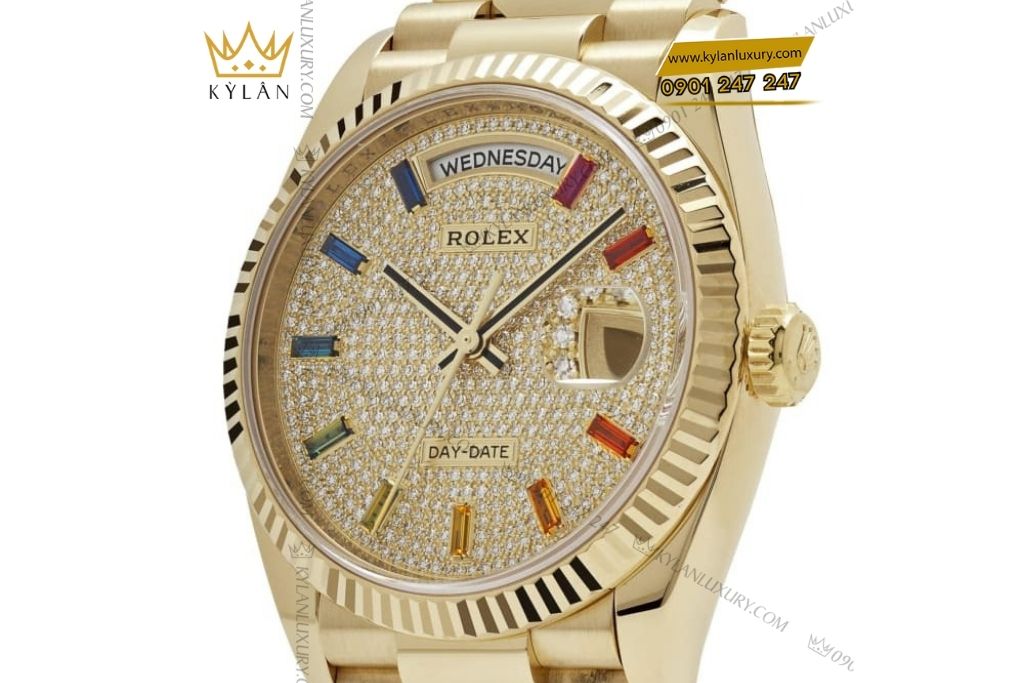 Kỳ Lân Luxury dong ho rolex day date 36 128238 0051 3 2 Đồng hồ Rolex Day-Date 36 128238-0051 mặt số đính kim cương và sapphire cầu vồng
