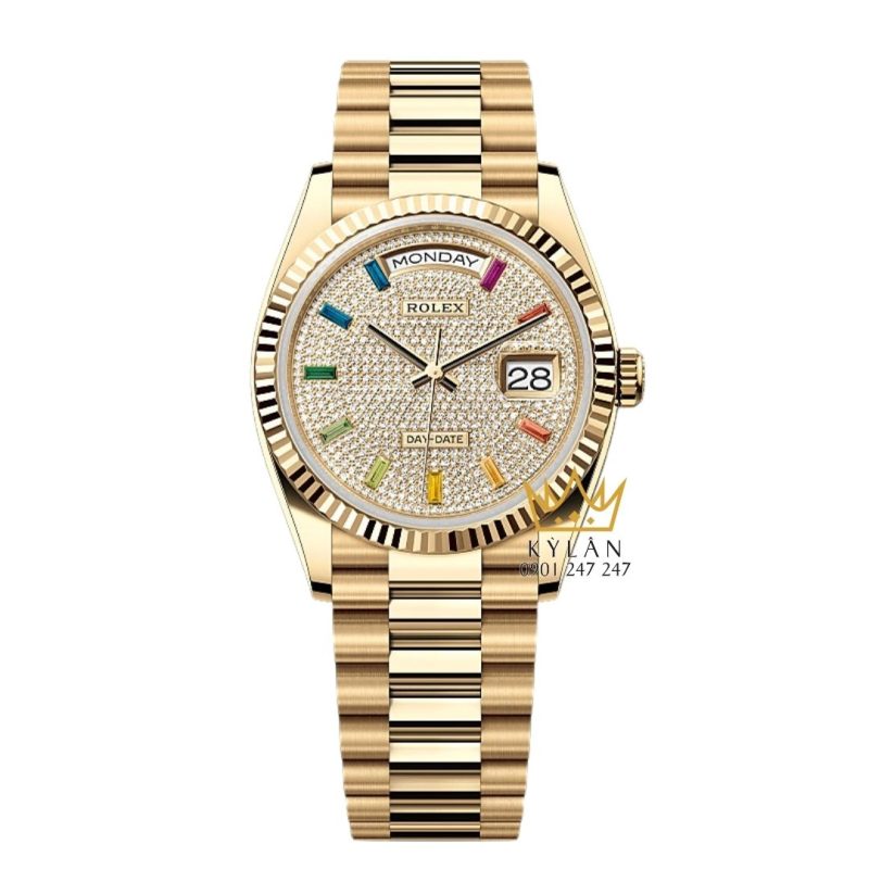 Đồng hồ Rolex Day-Date 36 128238-0051 mặt số đính kim cương và sapphire cầu vồng