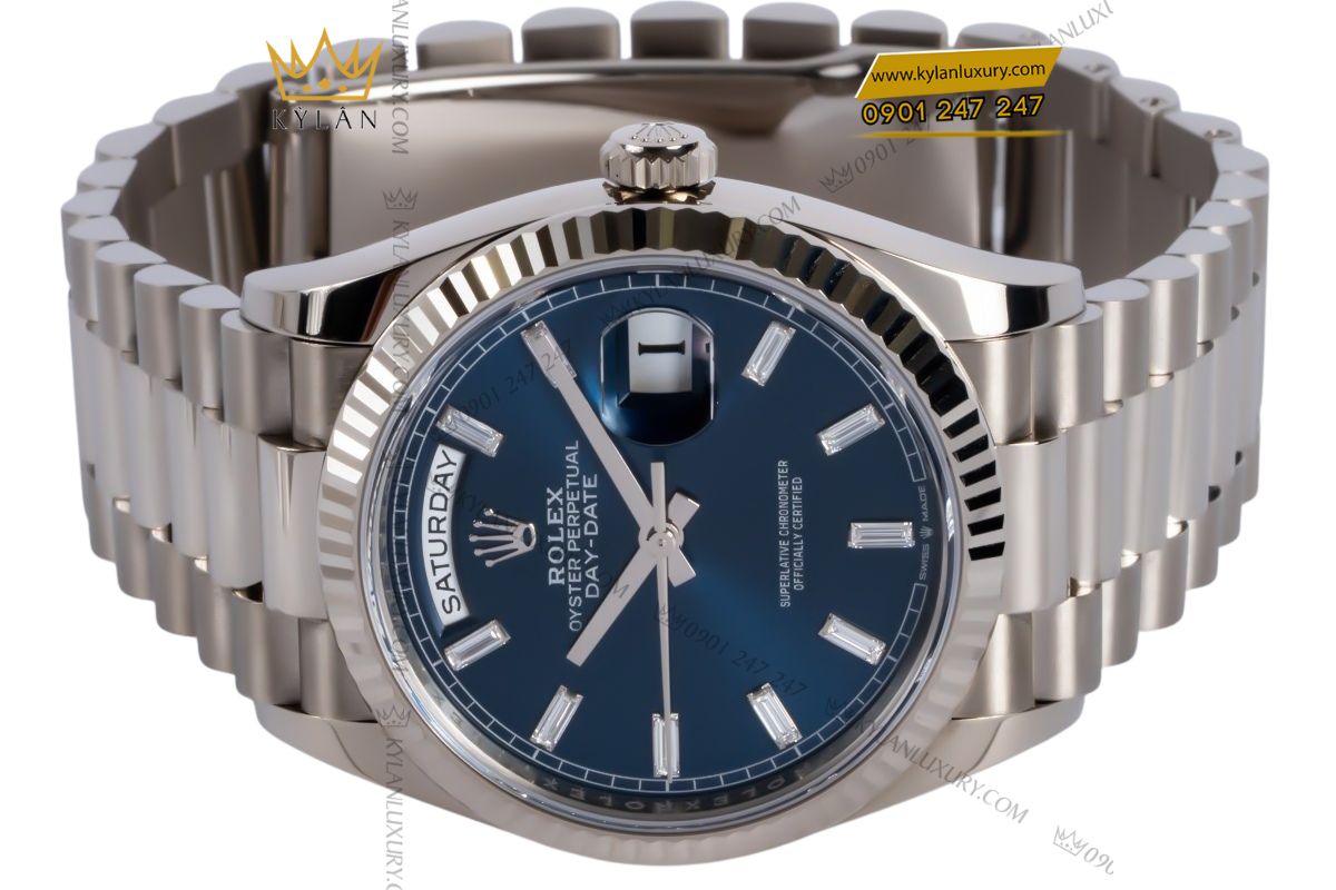 Kỳ Lân Luxury dong ho rolex day date 36 m128239 0069 Đồng hồ Rolex Day-Date 36 M128239-0069 vàng trắng mặt số xanh dương đính kim cương