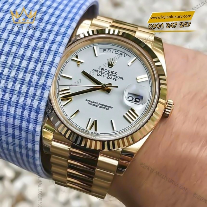 Kỳ Lân Luxury dong ho rolex day date 40 m228238 0042 vang kim 18ct voi mat so trang 8 Đồng hồ Rolex Day Date 40 mặt trắng cọc La Mã 228238-0042