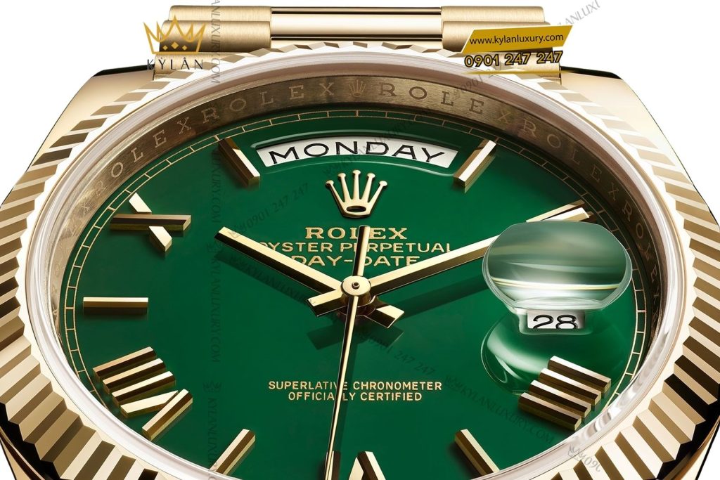 Kỳ Lân Luxury dong ho rolex day date 40 m228238 mat so xanh la Đồng hồ Rolex Day-Date 40 M228238-0069 vàng kim 18ct mặt số xanh lá Ombré