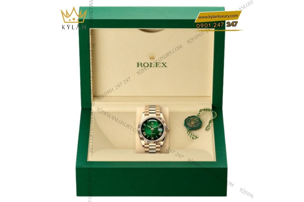 Kỳ Lân Luxury dong ho rolex day date 40 m228238 mat so xanh la 3 Đồng hồ Rolex Day-Date 40 M228238-0069 vàng kim 18ct mặt số xanh lá Ombré