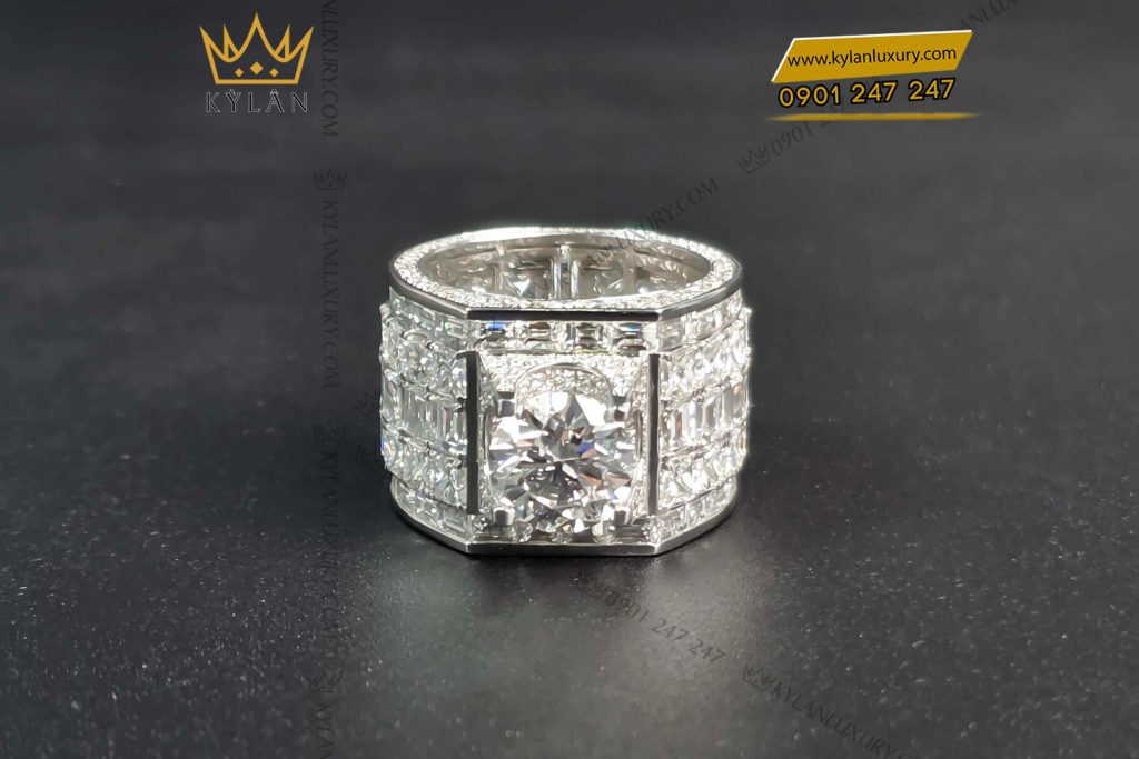 Kỳ Lân Luxury nhan nam vang trang au750 dinh da kim cuong 1 Nhẫn nam kim cương 9ly vàng trắng Au750 sang trọng