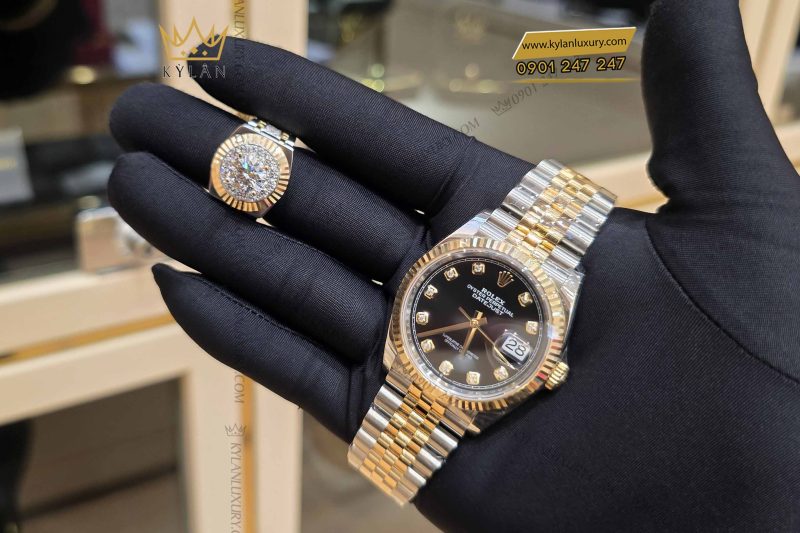 Nhẫn Rolex demi vàng nguyên khối Au750 đính viên chủ 8ly1