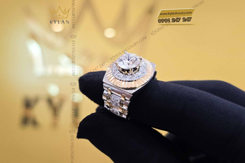 Kỳ Lân Luxury nhan rolex demi vang au750 vien chu 8ly1 2 6 Nhẫn Rolex demi vàng nguyên khối Au750 đính viên chủ 8ly1