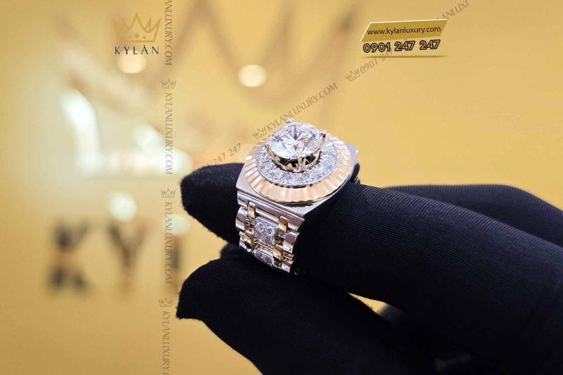Nhẫn Rolex demi vàng nguyên khối Au750 đính viên chủ 8ly1