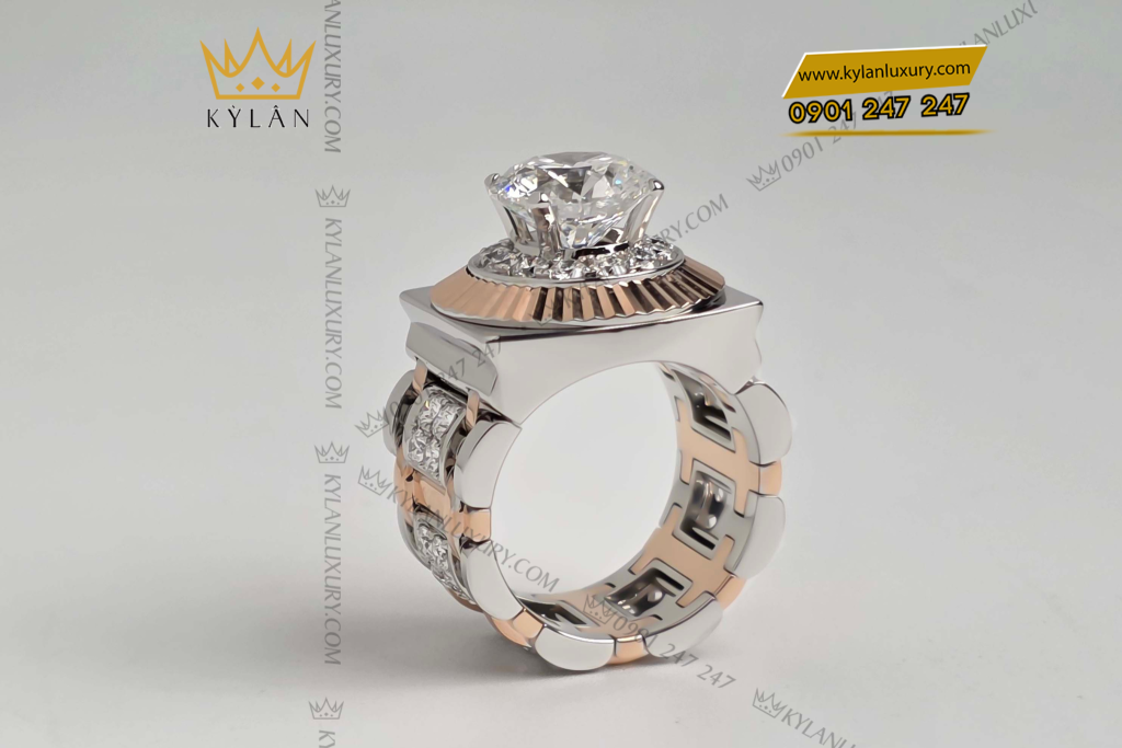 Kỳ Lân Luxury nhan rolex demi vang hong au750 dinh vien chu 9ly 5 Nhẫn Rolex demi vàng hồng Au750 đính viên chủ 9ly