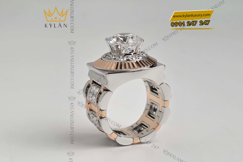 Nhẫn Rolex demi vàng hồng Au750 đính viên chủ 9ly