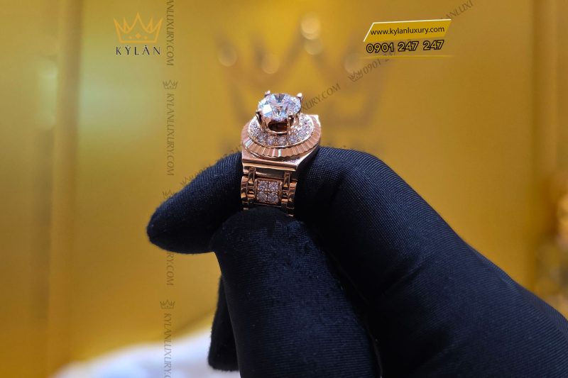 Nhẫn Rolex vàng hồng khối Au750 đính kim cương 8ly1