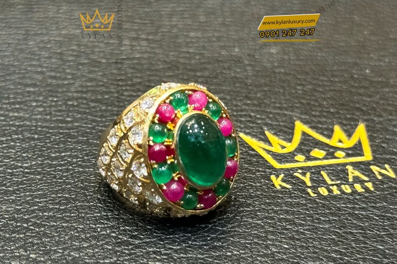 Nhẫn vàng nguyên khối Au750 đính Đá Xanh Lục Oval
