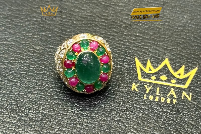 Nhẫn vàng nguyên khối Au750 đính Đá Xanh Lục Oval