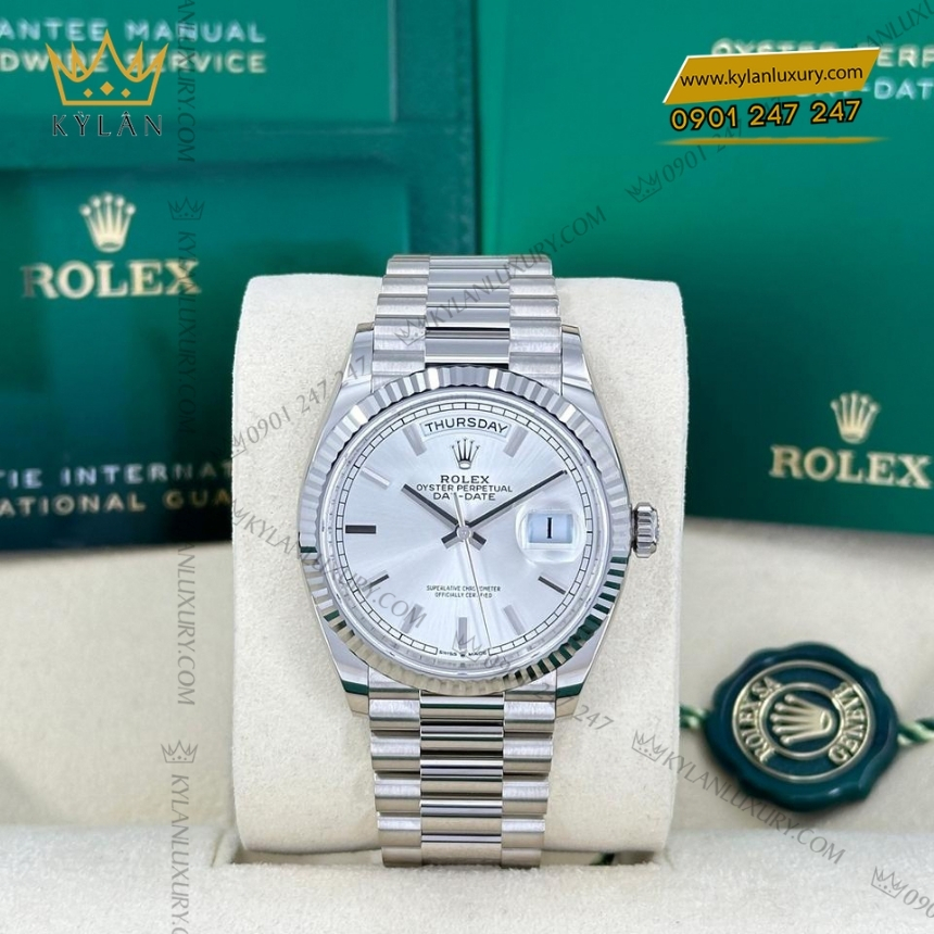 Kỳ Lân Luxury rolex day date 36 128239 0005 mat bac coc baton 7 Đồng hồ Rolex Day Date 36 mặt bạc cọc baton 128239-0005