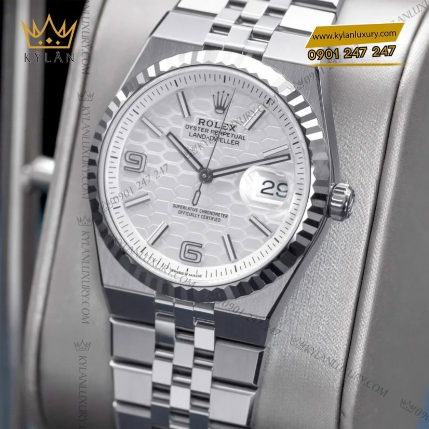 Kỳ Lân Luxury rolex land dweller 36 m127234 mat trang hoa tiet to ong 4 Đồng hồ Rolex Land-Dweller 36 127234-0001 trắng họa tiết tổ ong