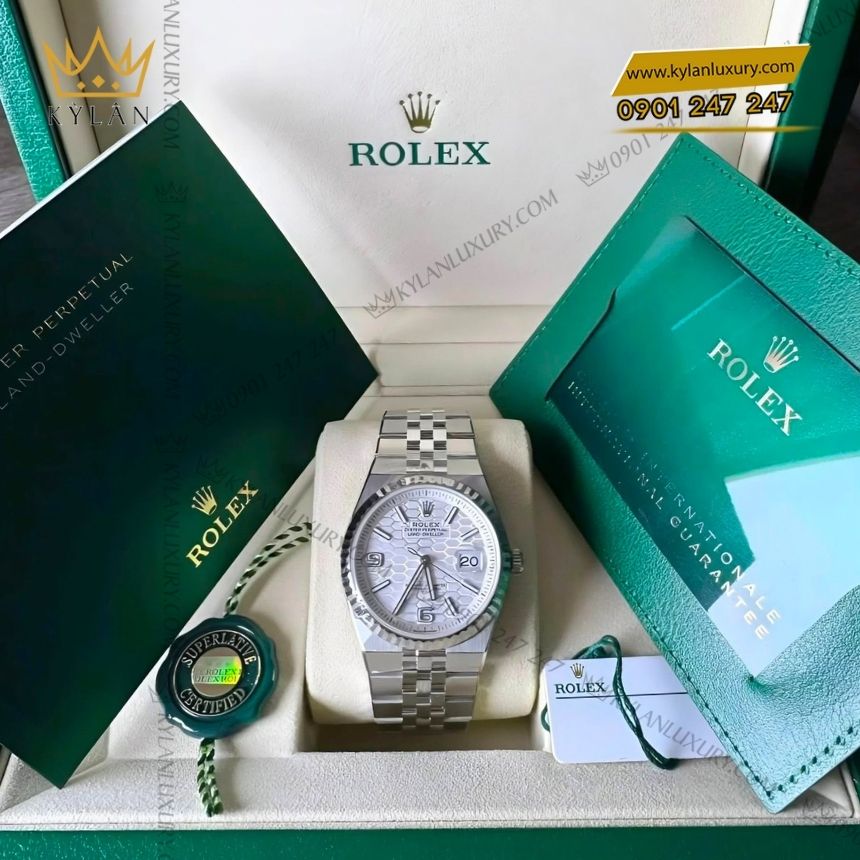 Kỳ Lân Luxury rolex land dweller 36 m127234 mat trang hoa tiet to ong 6 Đồng hồ Rolex Land-Dweller 36 127234-0001 trắng họa tiết tổ ong