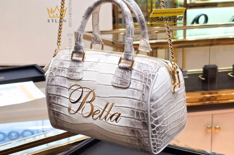  Túi xách nữ full da cá Alligator đính logo chữ Bella vàng nguyên khối Au750