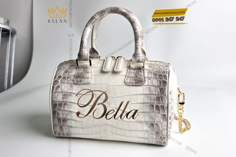  Túi xách nữ full da cá Alligator đính logo chữ Bella vàng nguyên khối Au750