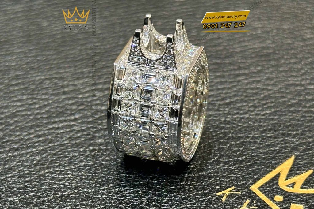 Kỳ Lân Luxury vo nhan nam vang trang au750 kim cuong baguette 6 Vỏ nhẫn nam vàng trắng nguyên khối Au750 đính kim cương baguette