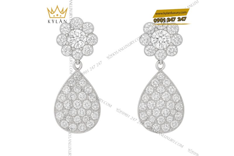 Bông tai Dewdrop vàng trắng nguyên khối Au750 đính kim cương