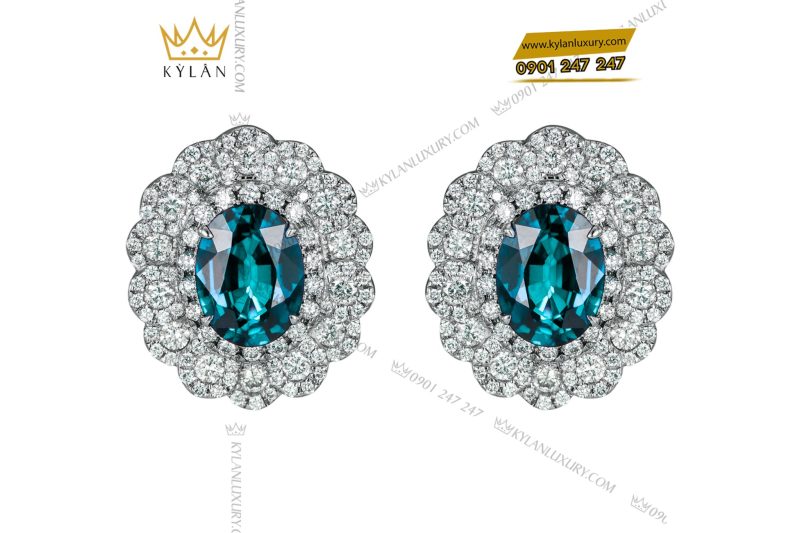 Bông Tai Ocean vàng trắng nguyên khối Au750 đính kim cương và đá quý