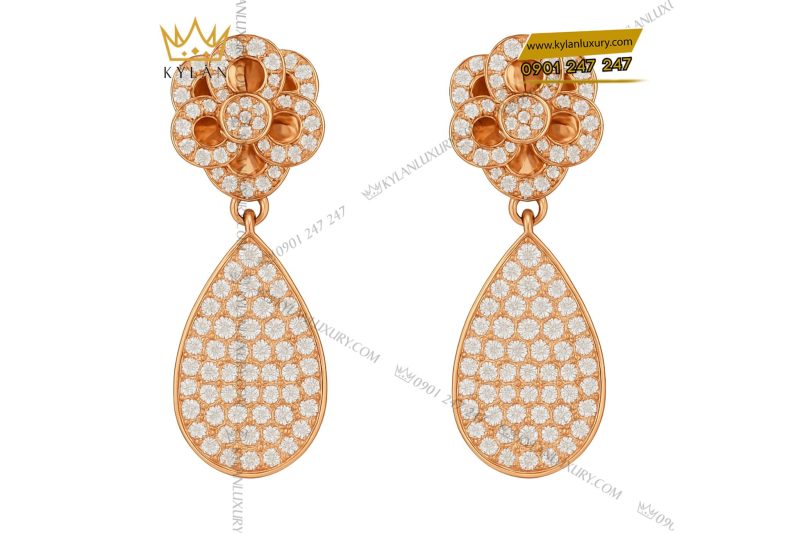 Bông tai Camellia Dewdrop vàng hồng nguyên khối Au750 đính kim cương