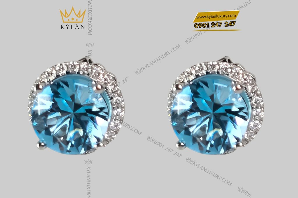 Kỳ Lân Luxury 1 51 Bông tai vàng trắng nguyên khối Au750 đính viên chủ đá quý Topaz
