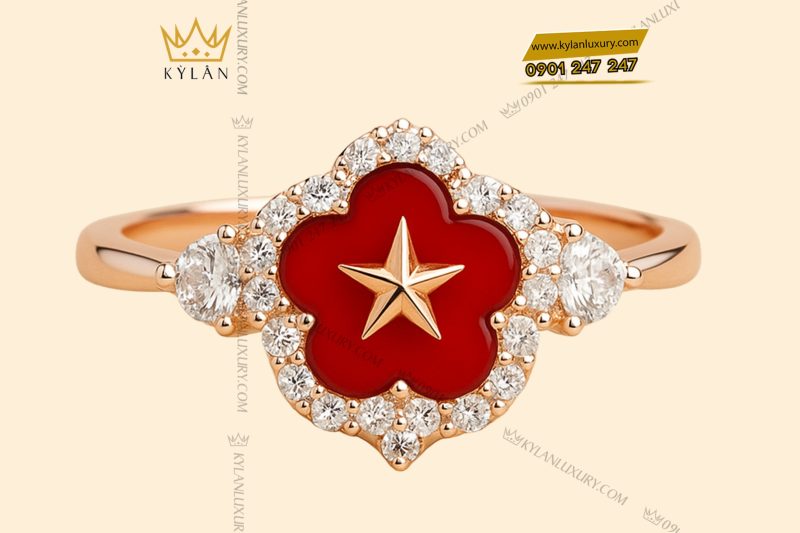 Nhẫn ngôi sao đỏ vàng hồng nguyên khối Au750 đính kim cương
