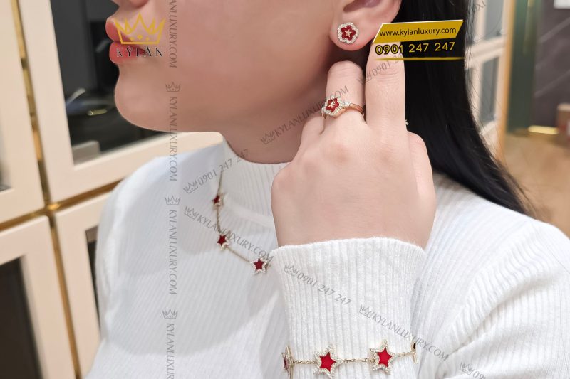 Nhẫn ngôi sao đỏ vàng hồng nguyên khối Au750 đính kim cương